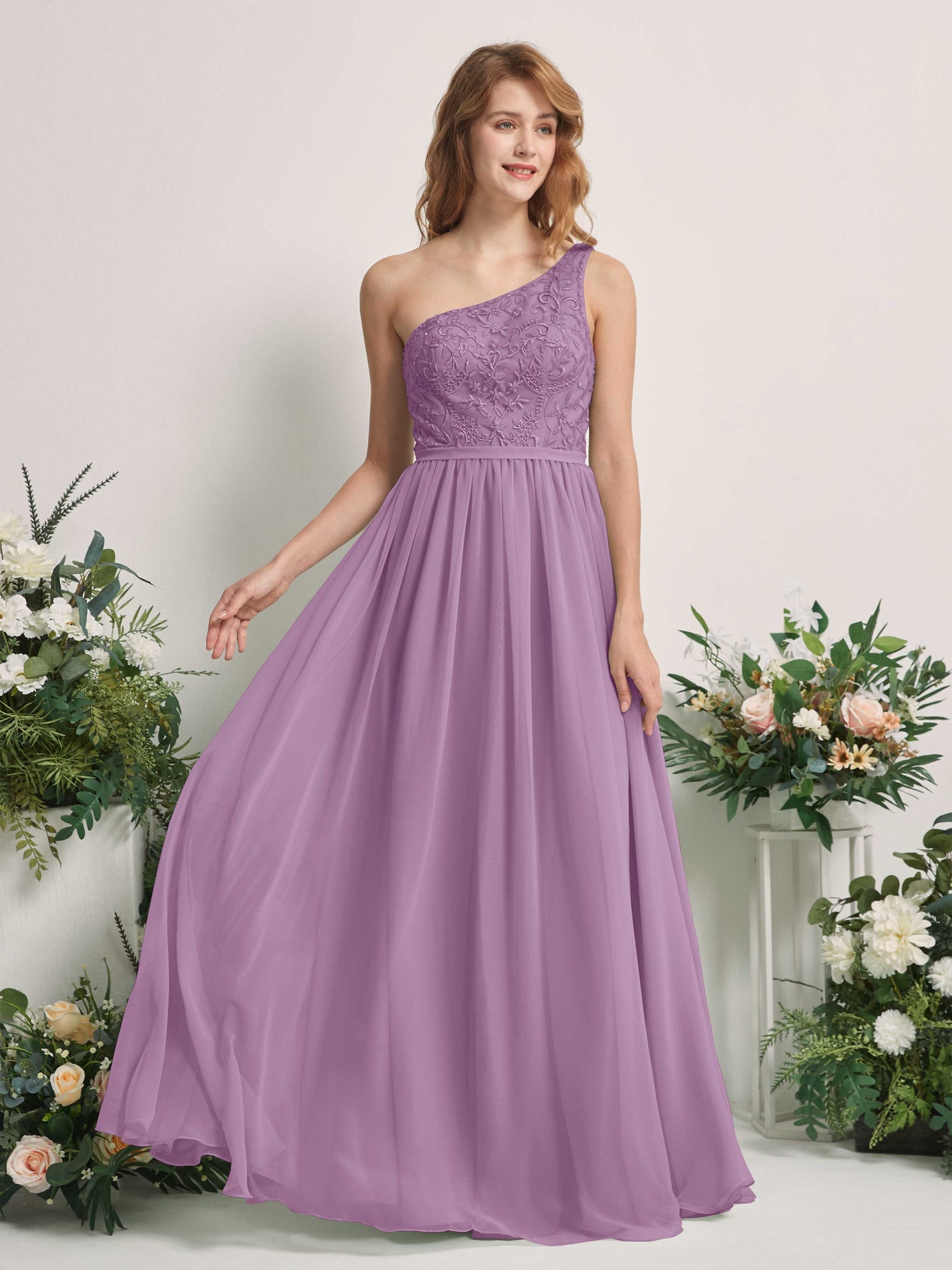 Carlyna Robe trapèze Décolleté asymétrique Longueur ras du sol Mousseline demoiselle d'honneur Brume Orchidée #couleur_brume-orchid-e