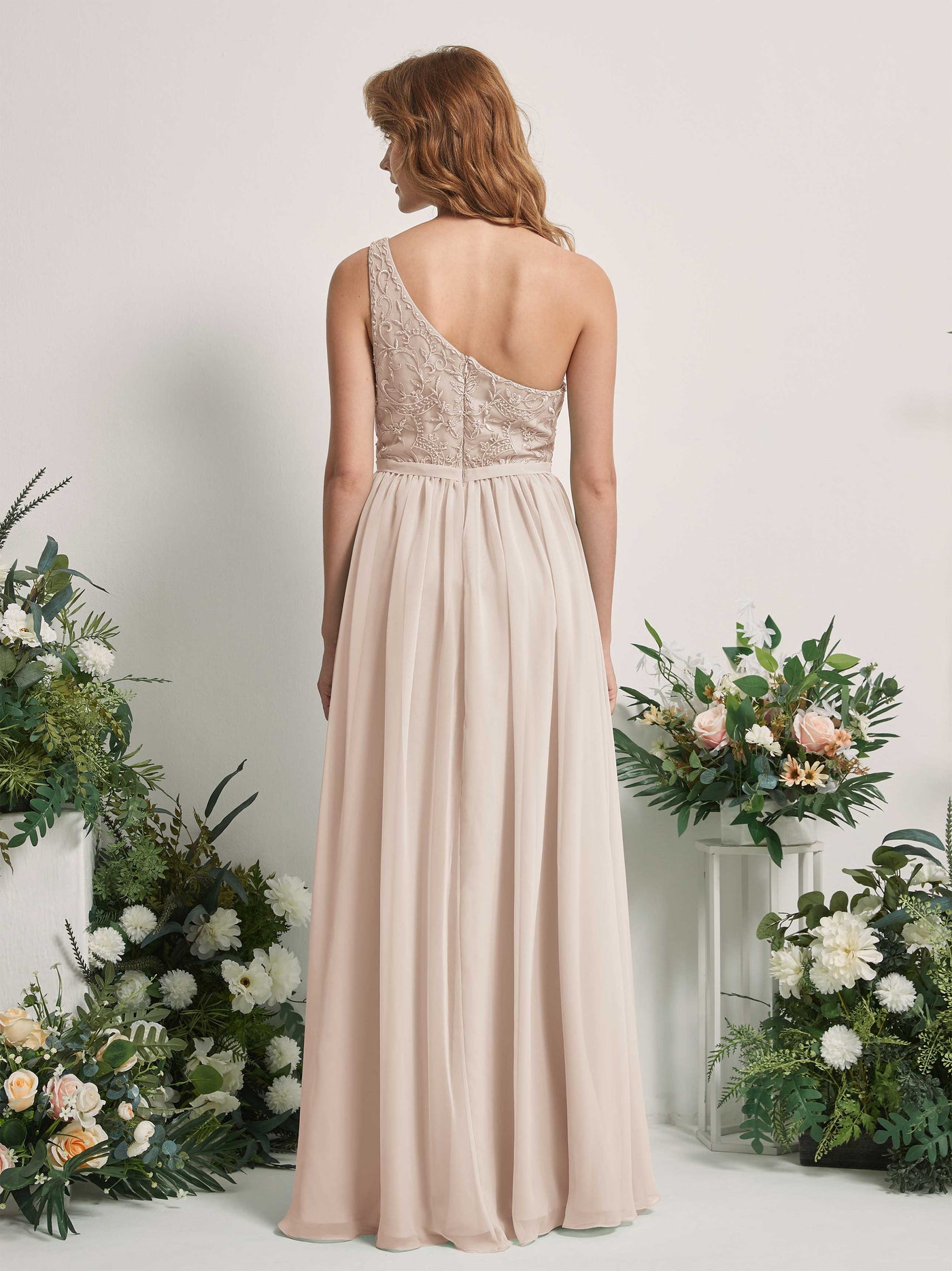 Carlyna Robe trapèze Décolleté asymétrique Longueur ras du sol Mousseline demoiselle d'honneur Champagne #couleur_champagne