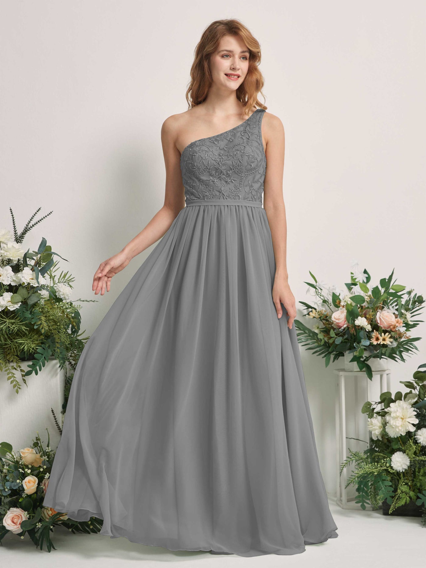 Carlyna Robe trapèze Décolleté asymétrique Longueur ras du sol Mousseline demoiselle d'honneur Gris Acier #couleur_gris-acier