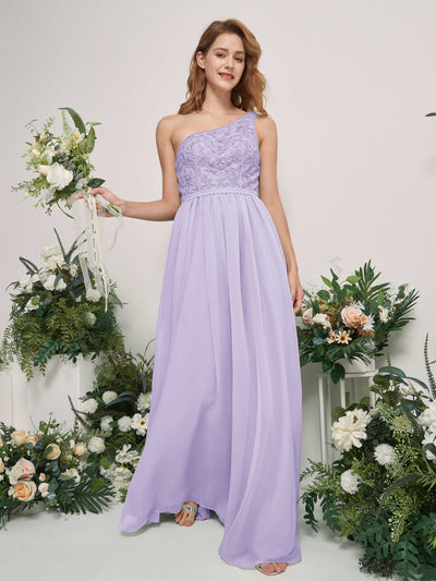 Carlyna Robe trapèze Décolleté asymétrique Longueur ras du sol Mousseline demoiselle d'honneur Lilas #couleur_lilas