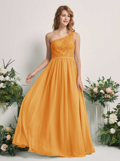 Carlyna Robe trapèze Décolleté asymétrique Longueur ras du sol Mousseline demoiselle d'honneur Mangue #couleur_mangue