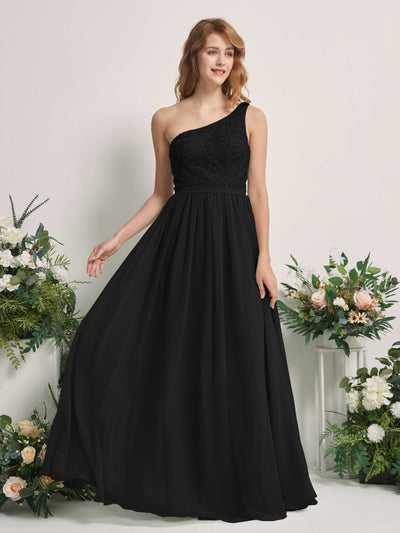 Carlyna Robe trapèze Décolleté asymétrique Longueur ras du sol Mousseline demoiselle d'honneur Noir #couleur_noir