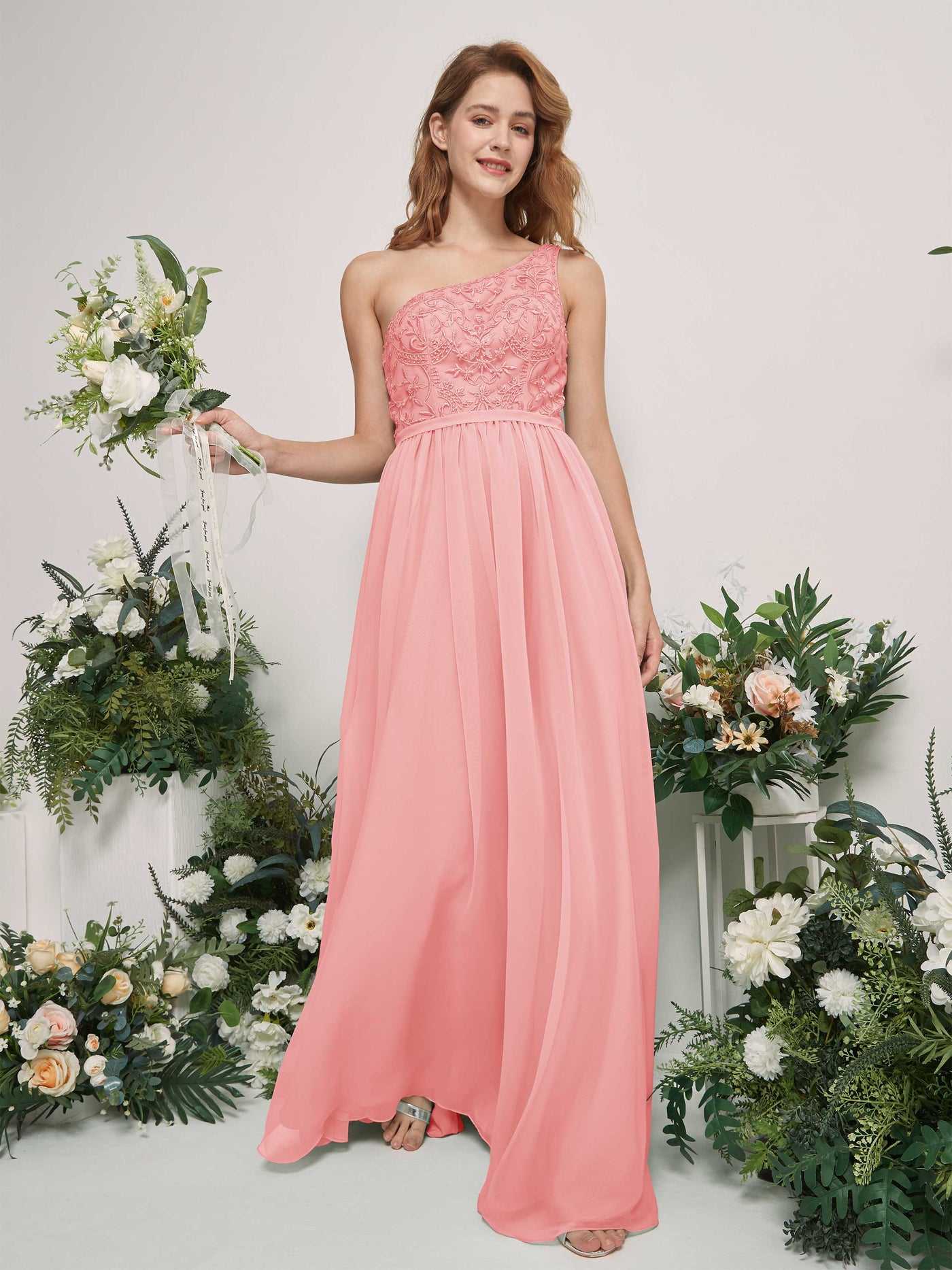 Carlyna Robe trapèze Décolleté asymétrique Longueur ras du sol Mousseline demoiselle d'honneur Rose Ballet #couleur_rose-ballet