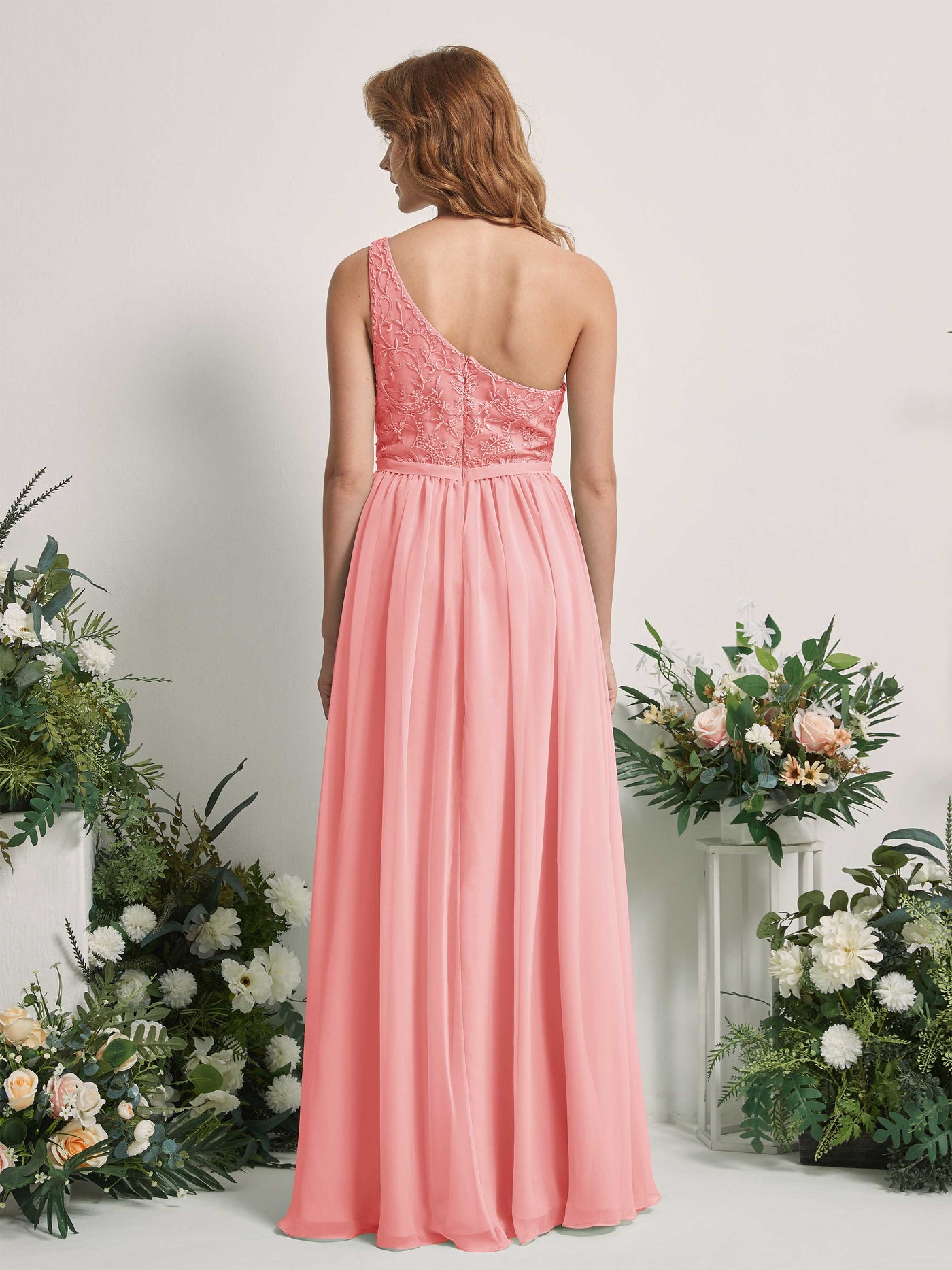 Carlyna Robe trapèze Décolleté asymétrique Longueur ras du sol Mousseline demoiselle d'honneur Rose Ballet #couleur_rose-ballet