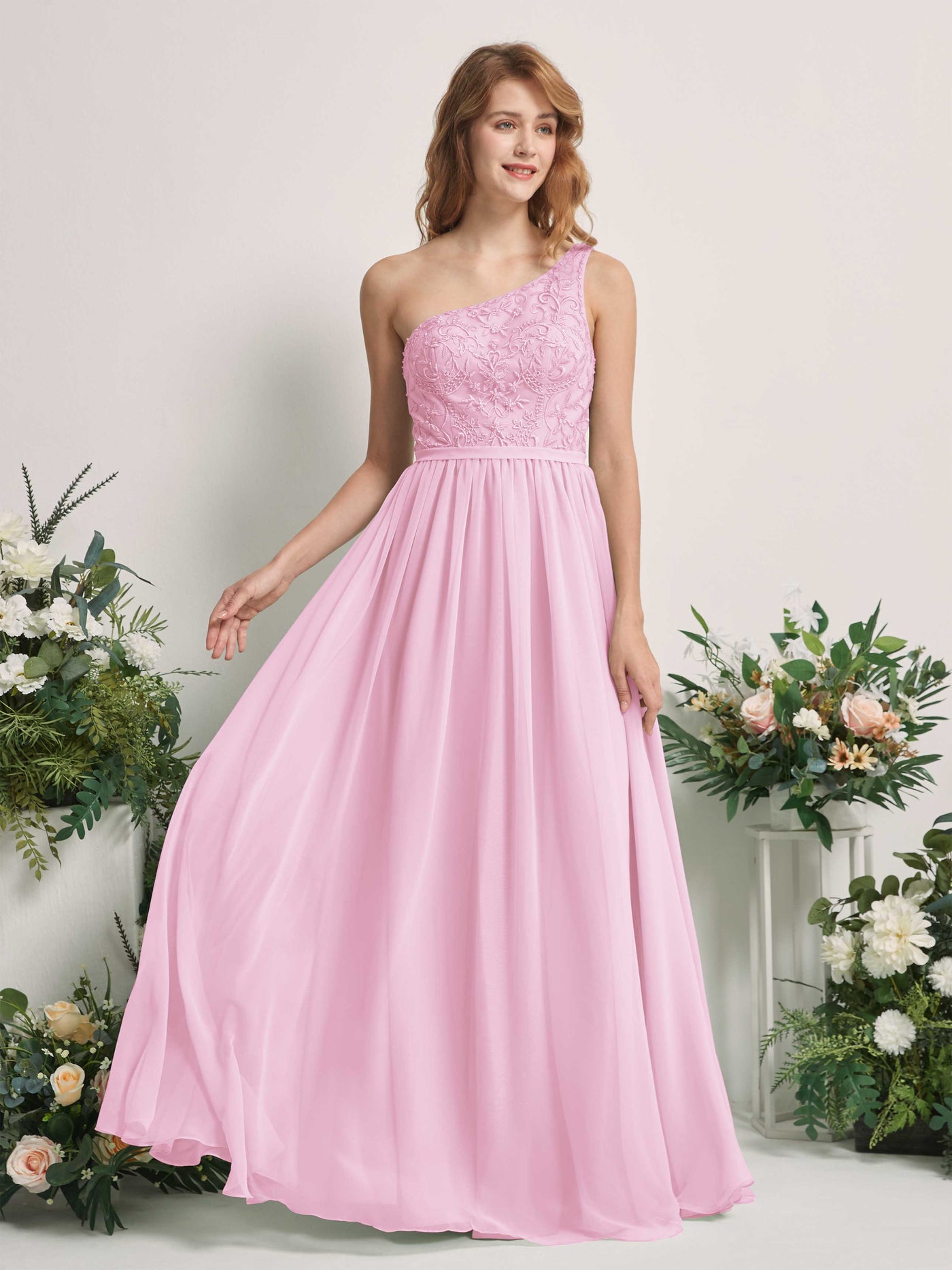 Carlyna Robe trapèze Décolleté asymétrique Longueur ras du sol Mousseline demoiselle d'honneur Rose Bonbon #couleur_rose-bonbon
