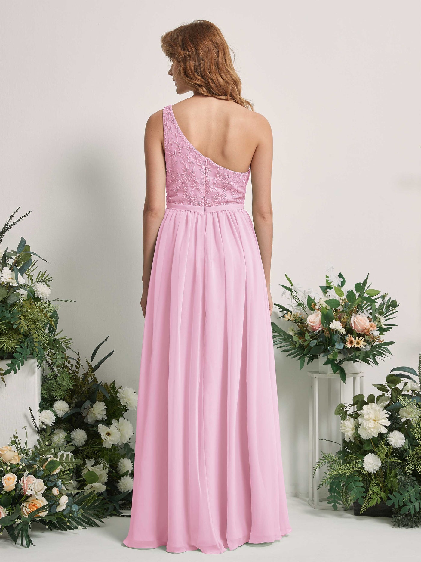 Carlyna Robe trapèze Décolleté asymétrique Longueur ras du sol Mousseline demoiselle d'honneur Rose Bonbon #couleur_rose-bonbon