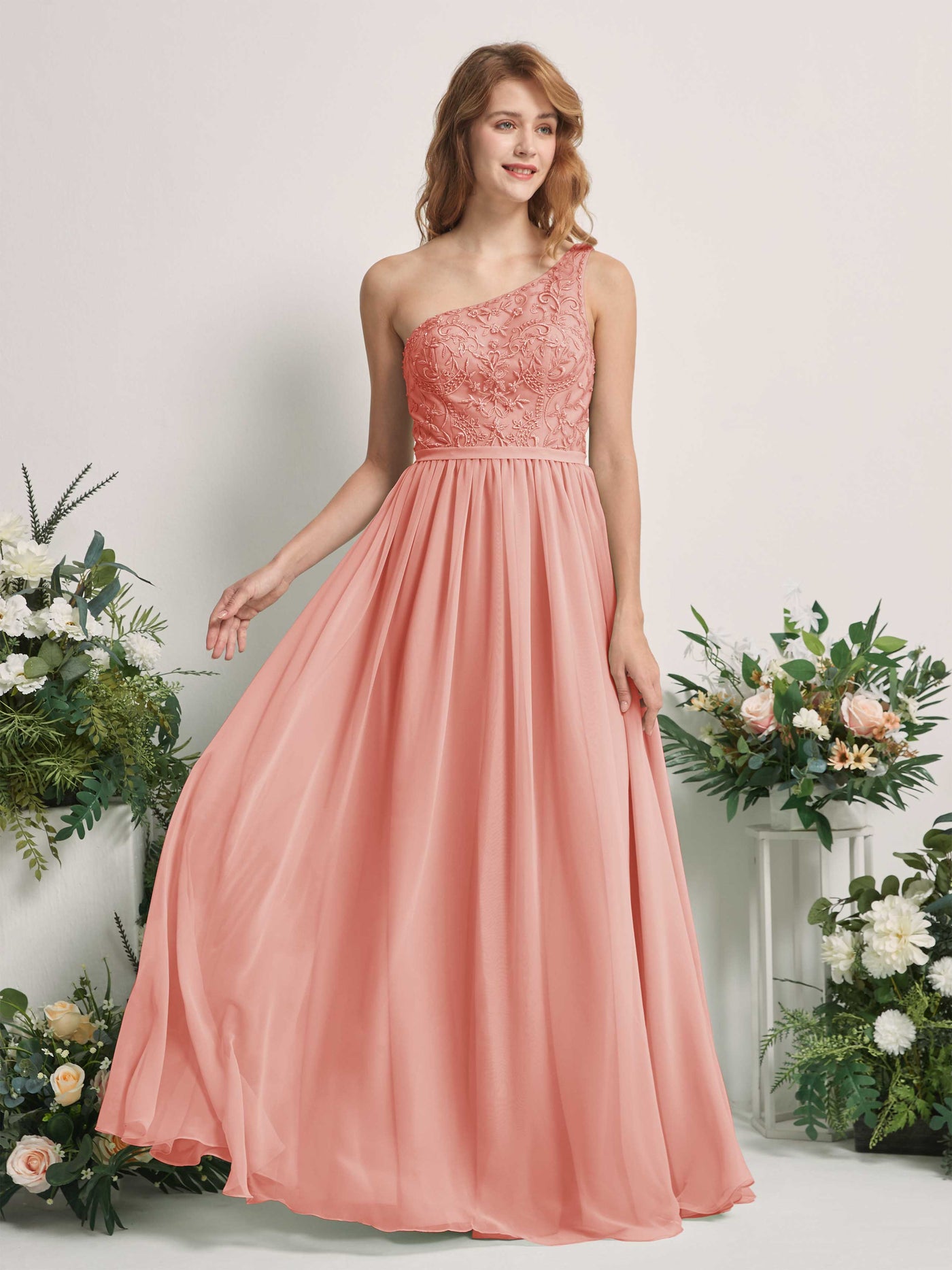 Carlyna Robe trapèze Décolleté asymétrique Longueur ras du sol Mousseline demoiselle d'honneur Rose Champagne #couleur_rose-champagne