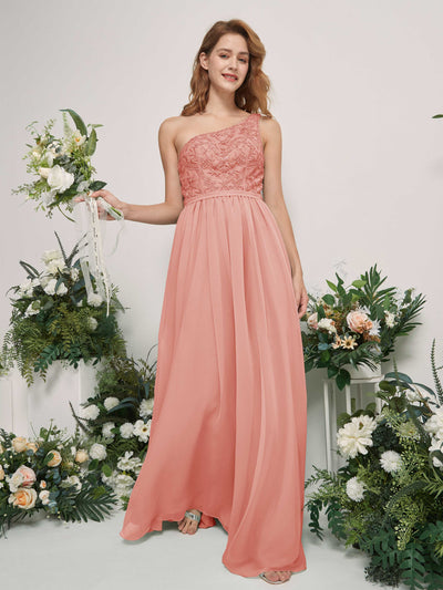 Carlyna Robe trapèze Décolleté asymétrique Longueur ras du sol Mousseline demoiselle d'honneur Rose Champagne #couleur_rose-champagne