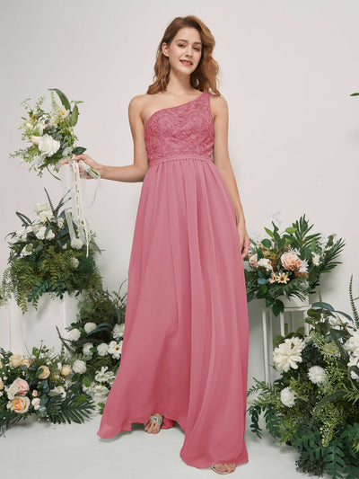 Carlyna Robe trapèze Décolleté asymétrique Longueur ras du sol Mousseline demoiselle d'honneur Rose Du Désert #couleur_rose-du-d-sert