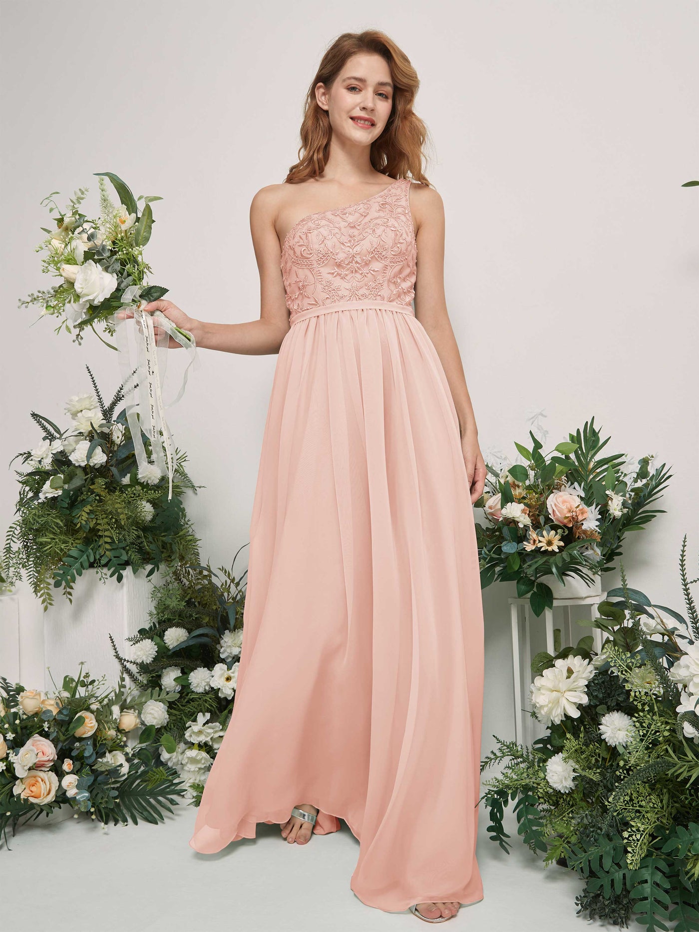 Carlyna Robe trapèze Décolleté asymétrique Longueur ras du sol Mousseline demoiselle d'honneur Rose Perle #couleur_rose-perle