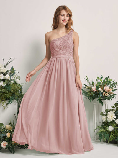Carlyna Robe trapèze Décolleté asymétrique Longueur ras du sol Mousseline demoiselle d'honneur Rose Poussiéreux #couleur_rose-poussi-reux