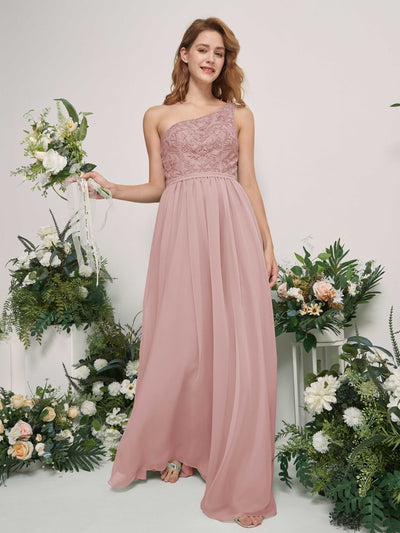 Carlyna Robe trapèze Décolleté asymétrique Longueur ras du sol Mousseline demoiselle d'honneur Rose Poussiéreux #couleur_rose-poussi-reux