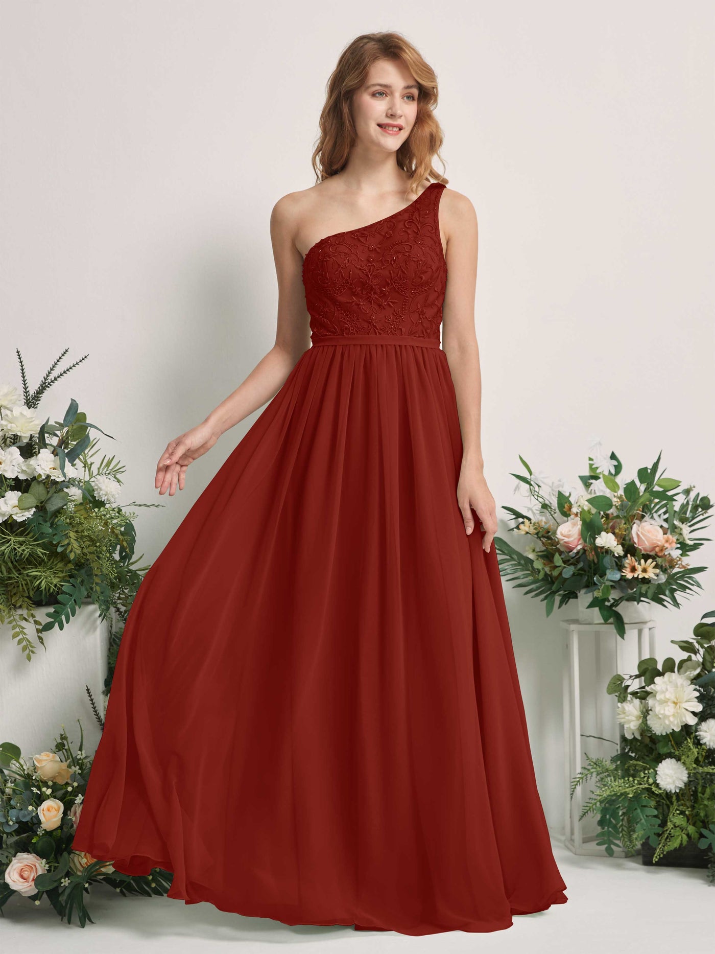 Carlyna Robe trapèze Décolleté asymétrique Longueur ras du sol Mousseline demoiselle d'honneur Rouille #couleur_rouille