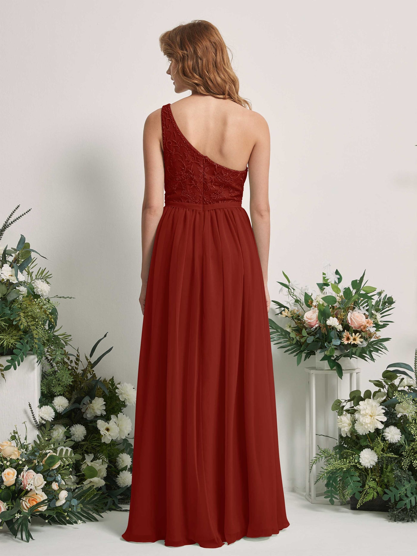 Carlyna Robe trapèze Décolleté asymétrique Longueur ras du sol Mousseline demoiselle d'honneur Rouille #couleur_rouille