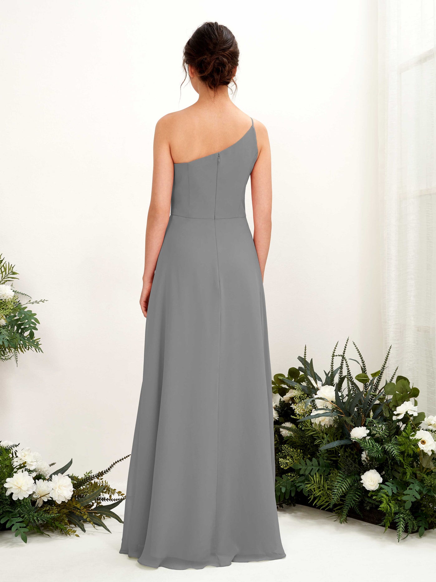 Carlyna Robe trapèze décolleté asymétrique mousseline longueur ras du sol Robes de demoiselle d'honneur Gris Acier #couleur_gris-acier