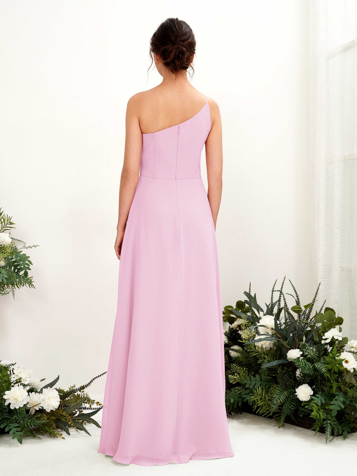 Carlyna Robe trapèze décolleté asymétrique mousseline longueur ras du sol Robes de demoiselle d'honneur Rose Bonbon #couleur_rose-bonbon