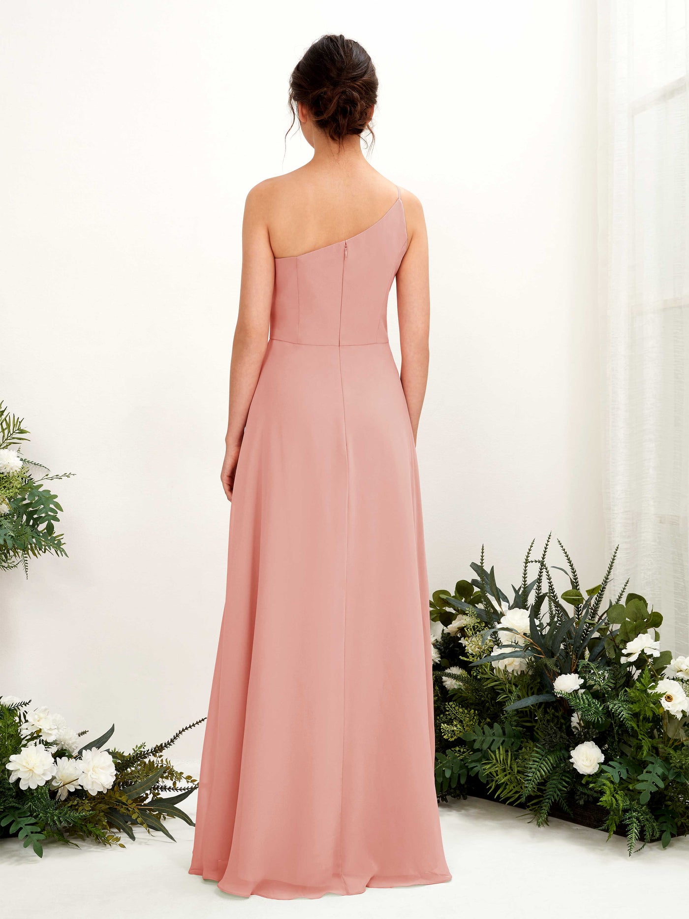 Carlyna Robe trapèze décolleté asymétrique mousseline longueur ras du sol Robes de demoiselle d'honneur Rose Champagne #couleur_rose-champagne