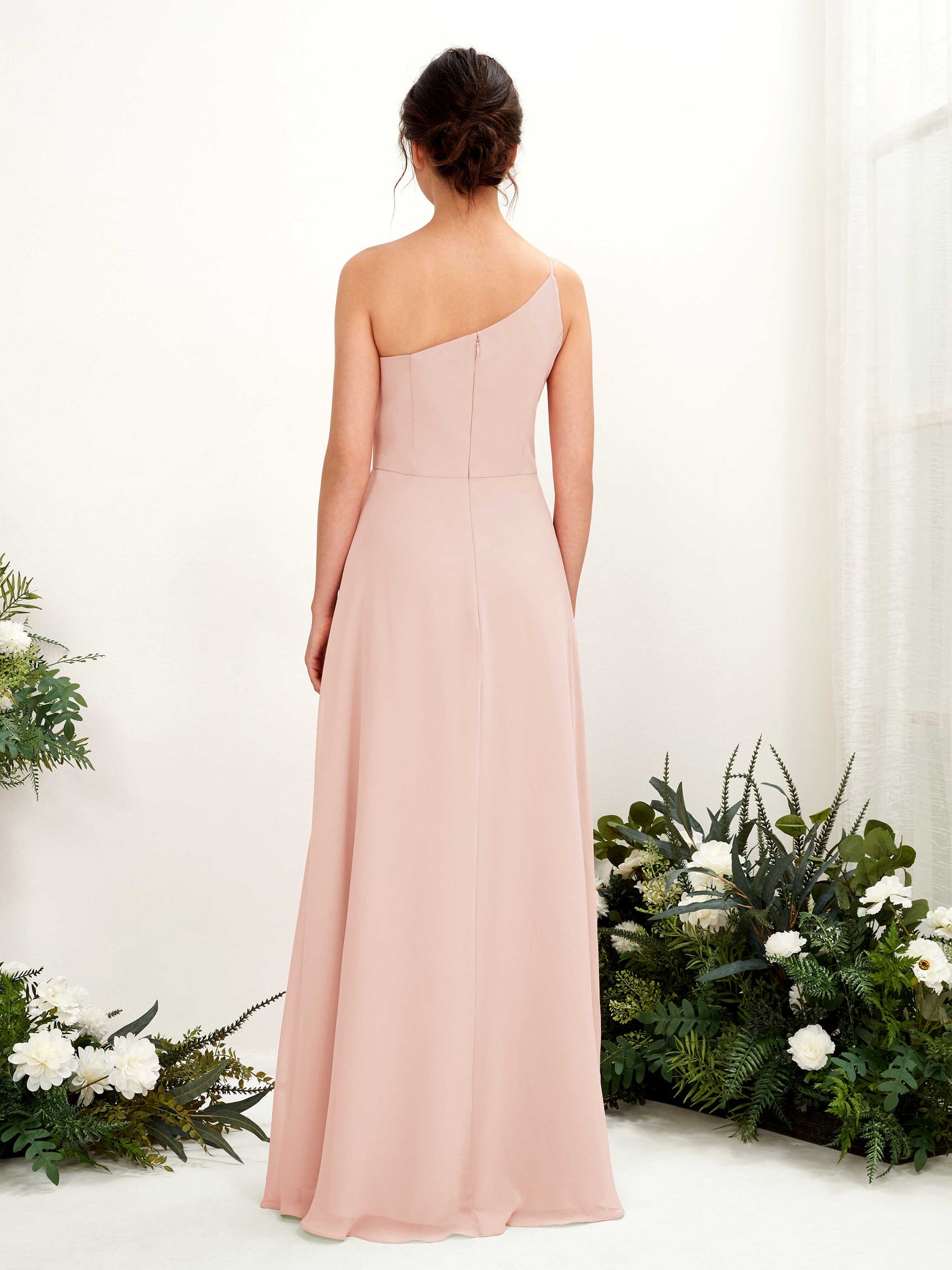 Carlyna Robe trapèze décolleté asymétrique mousseline longueur ras du sol Robes de demoiselle d'honneur Rose Perle #couleur_rose-perle