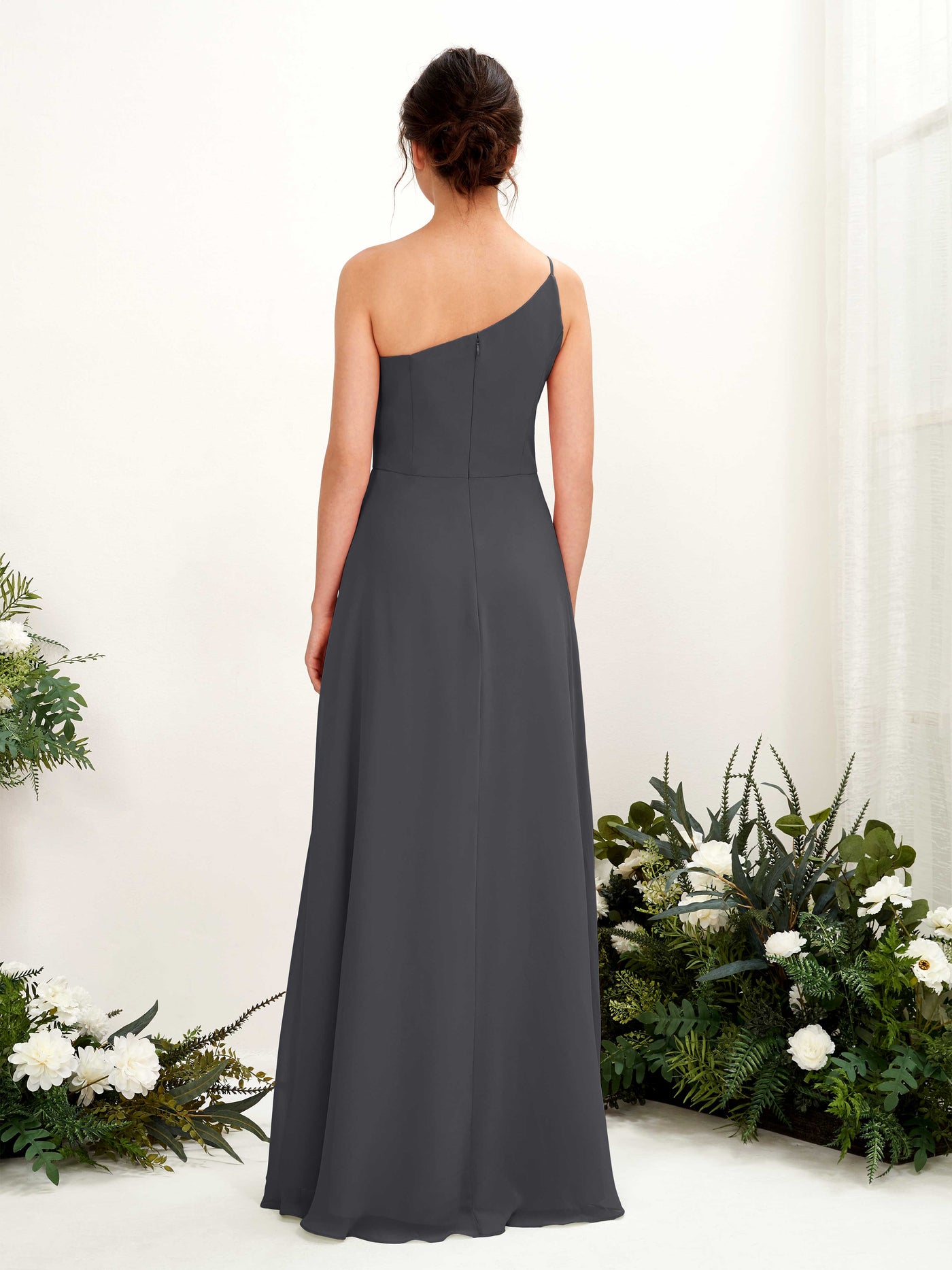 Carlyna Robe trapèze décolleté asymétrique mousseline longueur ras du sol Robes de demoiselle d'honneur Étain #couleur_tain