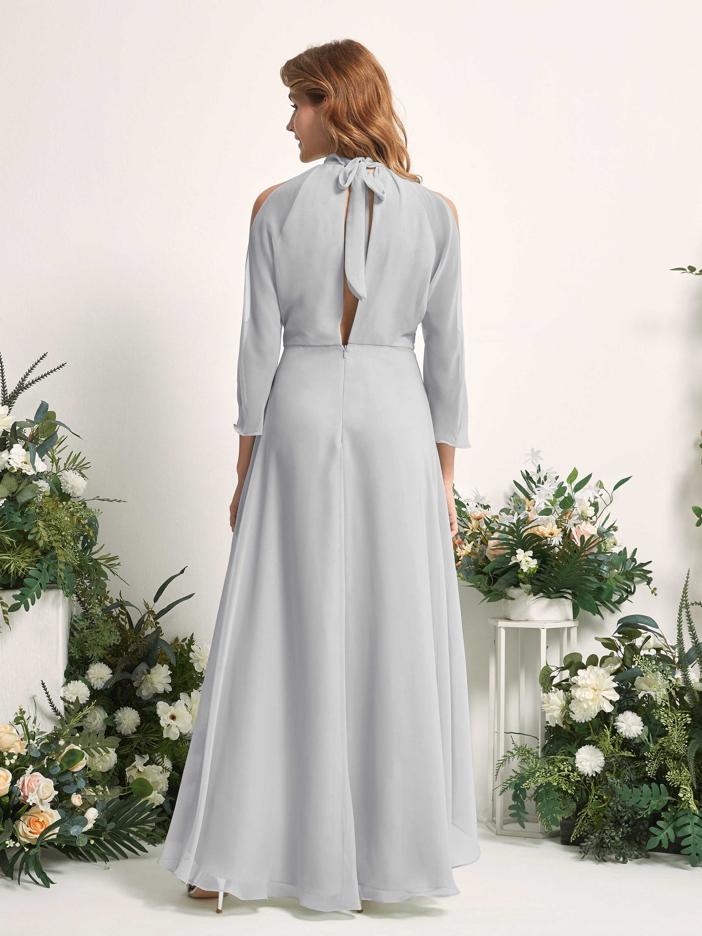 Carlyna Robe trapèze demoiselle d'honneur col rond longueur ras du sol mousseline Argent #couleur_argent