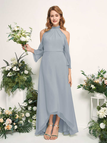 Carlyna Robe trapèze demoiselle d'honneur col rond longueur ras du sol mousseline Bleu Poussiéreux Amélioré #couleur_bleu-poussi-reux-am-lior