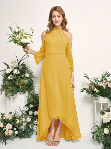 Carlyna Robe trapèze demoiselle d'honneur col rond longueur ras du sol mousseline Jaune Moutard #couleur_jaune-moutard