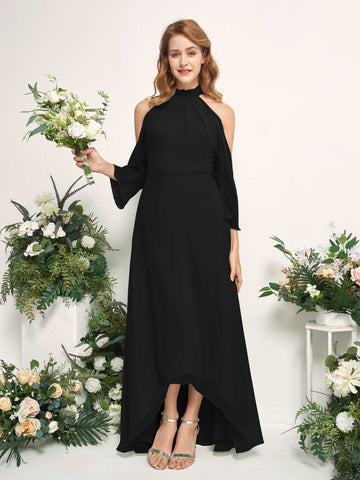 Carlyna Robe trapèze demoiselle d'honneur col rond longueur ras du sol mousseline Noir #couleur_noir