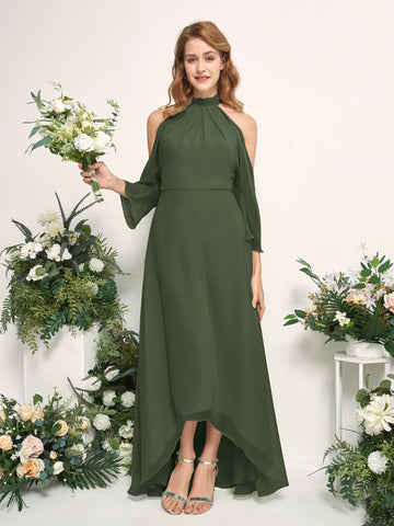 Carlyna Robe trapèze demoiselle d'honneur col rond longueur ras du sol mousseline Olive Martini #couleur_olive-martini