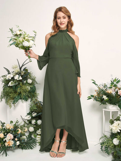 Carlyna Robe trapèze demoiselle d'honneur col rond longueur ras du sol mousseline Olive Martini #couleur_olive-martini