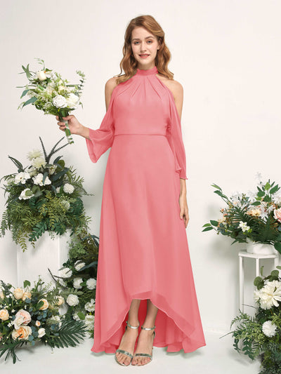 Carlyna Robe trapèze demoiselle d'honneur col rond longueur ras du sol mousseline Rose Corail #couleur_rose-corail