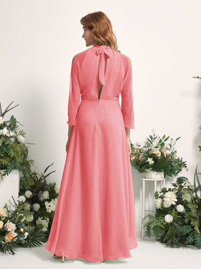 Carlyna Robe trapèze demoiselle d'honneur col rond longueur ras du sol mousseline Rose Corail #couleur_rose-corail