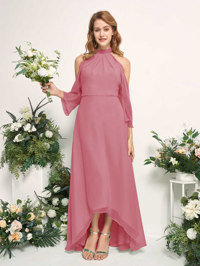 Carlyna Robe trapèze demoiselle d'honneur col rond longueur ras du sol mousseline Rose Du Désert #couleur_rose-du-d-sert