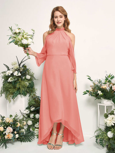 Carlyna Robe trapèze demoiselle d'honneur col rond longueur ras du sol mousseline Rose Pêche #couleur_rose-p-che