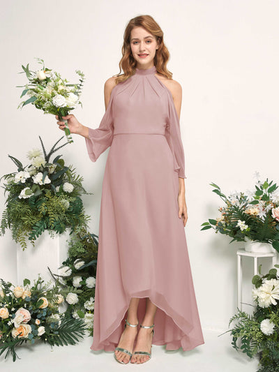 Carlyna Robe trapèze demoiselle d'honneur col rond longueur ras du sol mousseline Rose Poussiéreux #couleur_rose-poussi-reux