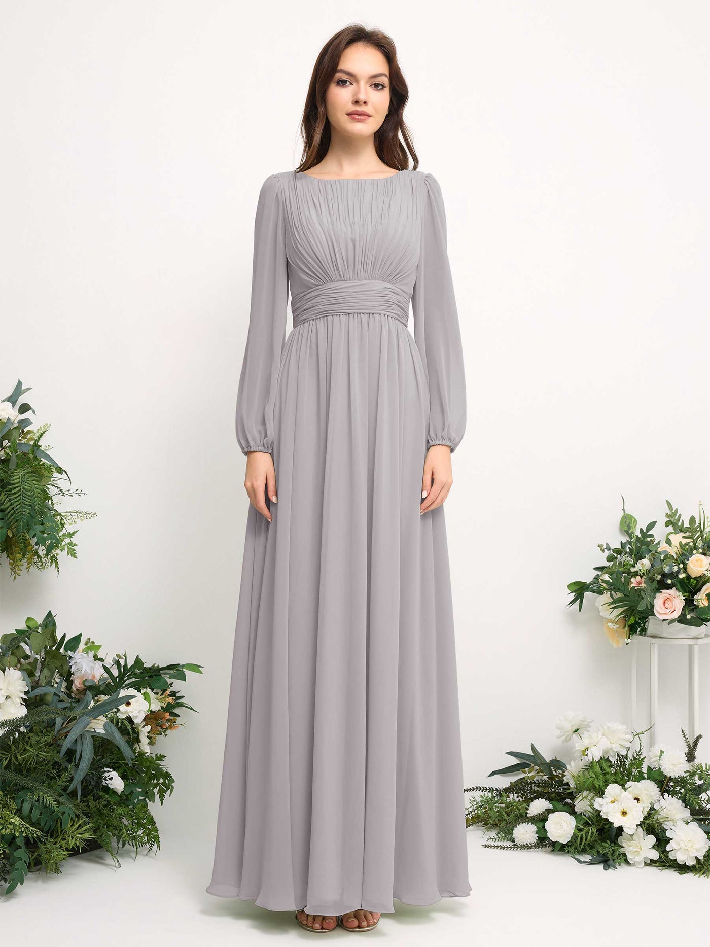 Carlyna Robe trapèze en mousseline avec encolure bateau manches longues pour demoiselle d'honneur Argent #couleur_argent
