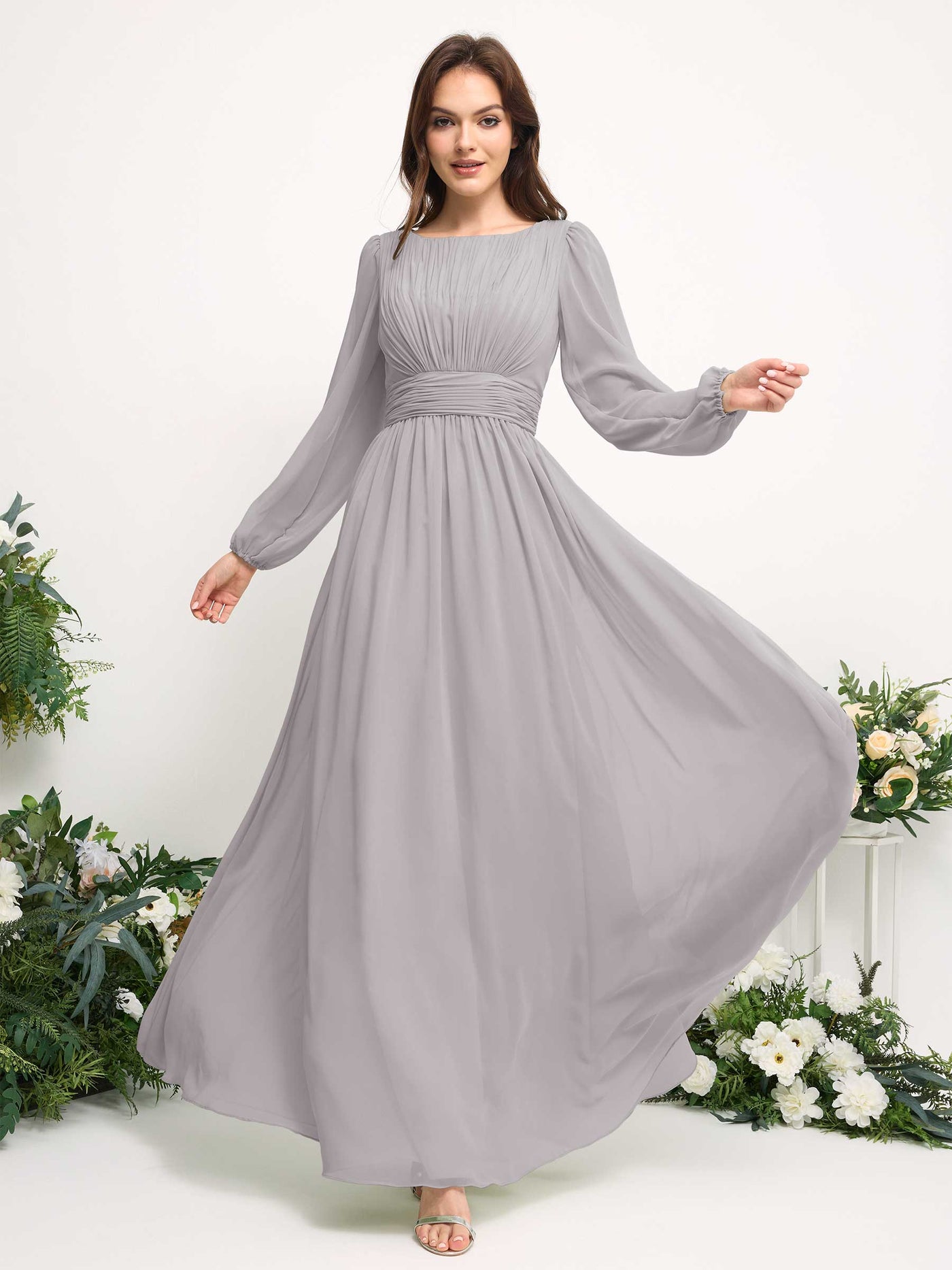 Carlyna Robe trapèze en mousseline avec encolure bateau manches longues pour demoiselle d'honneur Argent #couleur_argent