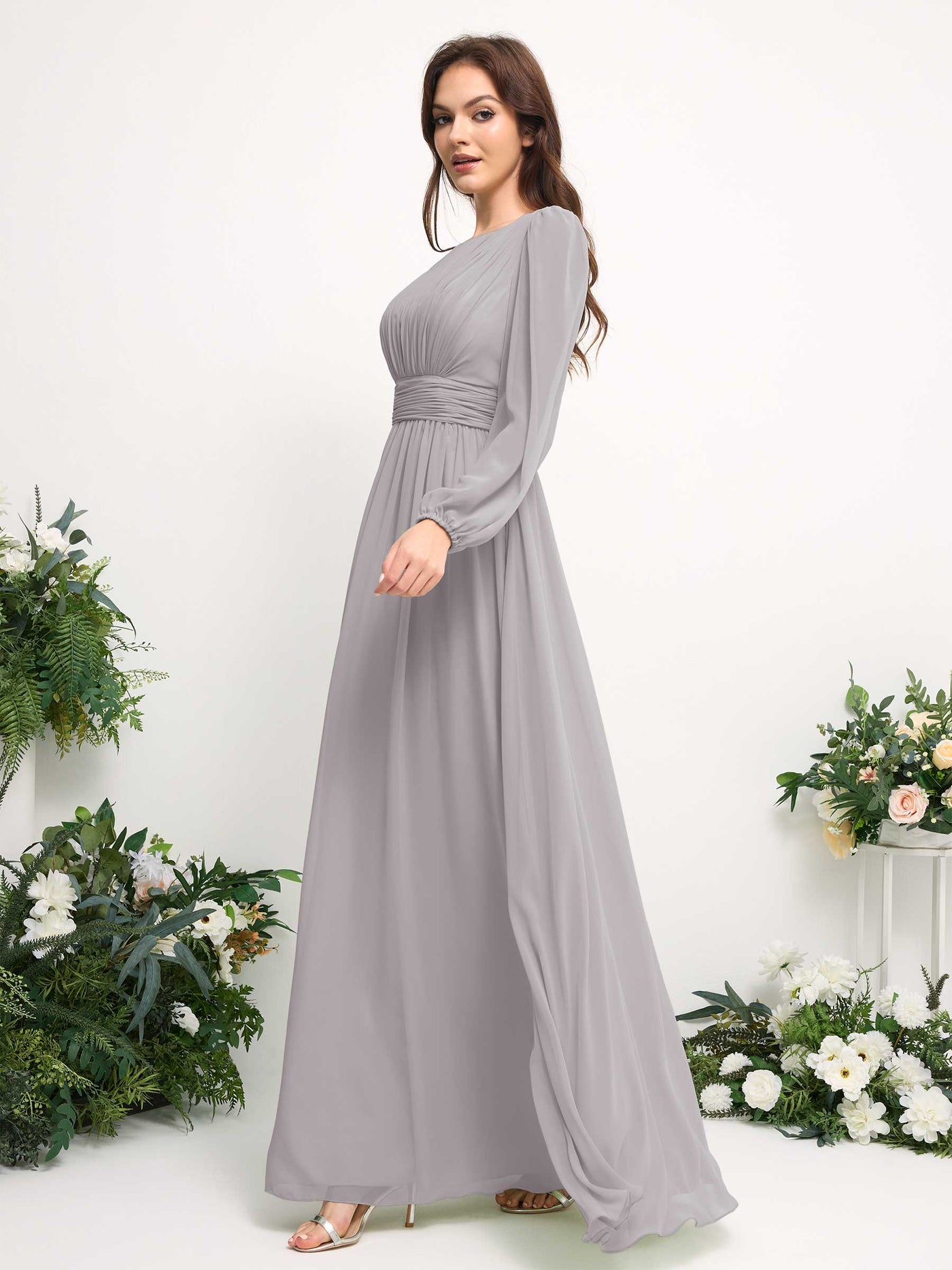 Carlyna Robe trapèze en mousseline avec encolure bateau manches longues pour demoiselle d'honneur Argent #couleur_argent