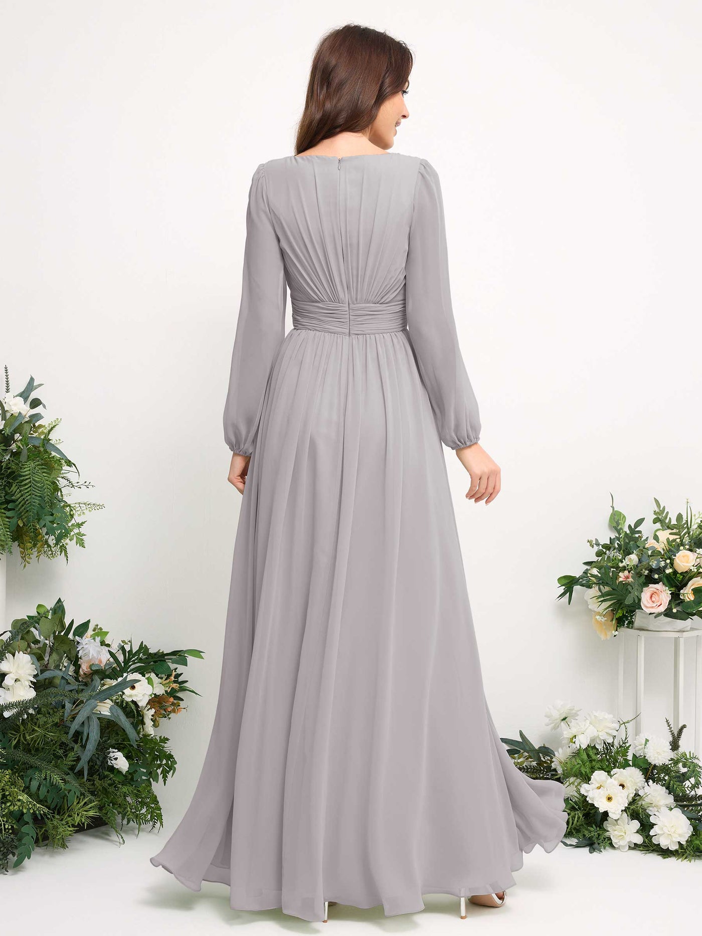Carlyna Robe trapèze en mousseline avec encolure bateau manches longues pour demoiselle d'honneur Argent #couleur_argent