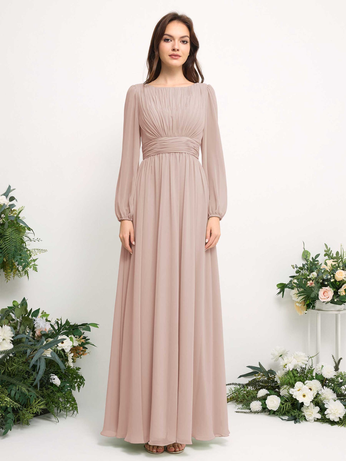 Carlyna Robe trapèze en mousseline avec encolure bateau manches longues pour demoiselle d'honneur Biscotti #couleur_biscotti