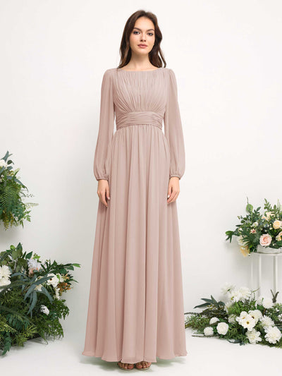 Carlyna Robe trapèze en mousseline avec encolure bateau manches longues pour demoiselle d'honneur Biscotti #couleur_biscotti