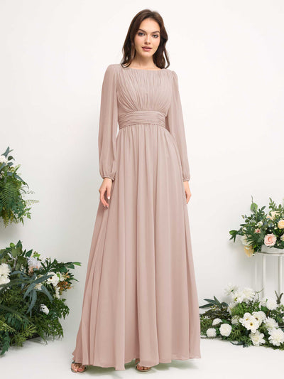 Carlyna Robe trapèze en mousseline avec encolure bateau manches longues pour demoiselle d'honneur Biscotti #couleur_biscotti