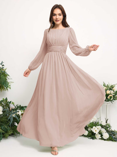Carlyna Robe trapèze en mousseline avec encolure bateau manches longues pour demoiselle d'honneur Biscotti #couleur_biscotti
