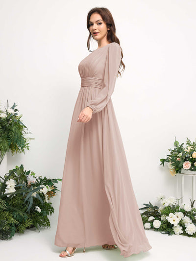 Carlyna Robe trapèze en mousseline avec encolure bateau manches longues pour demoiselle d'honneur Biscotti #couleur_biscotti