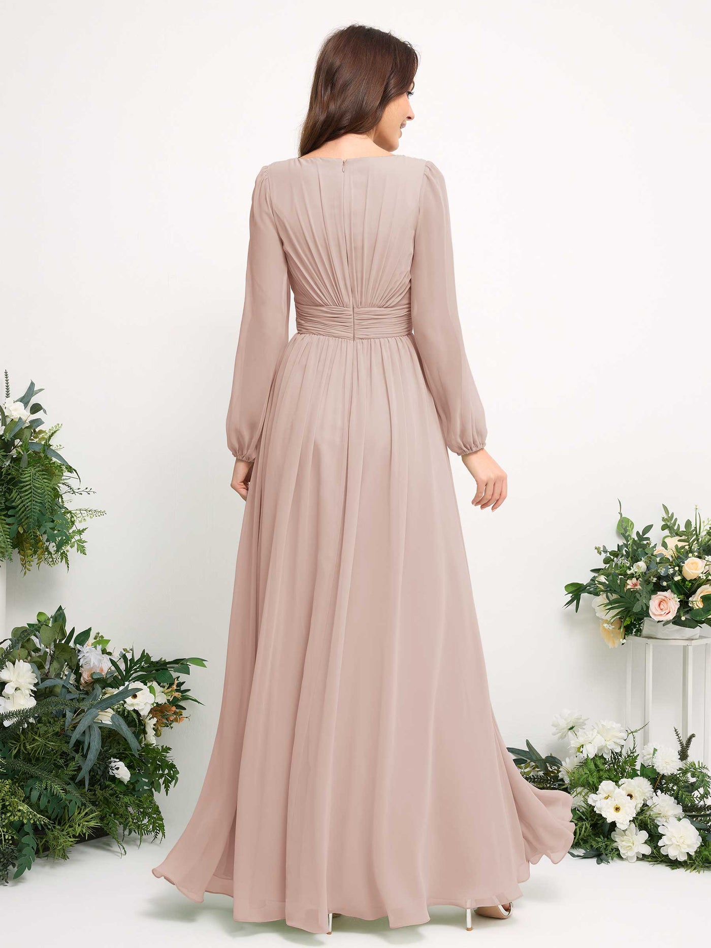 Carlyna Robe trapèze en mousseline avec encolure bateau manches longues pour demoiselle d'honneur Biscotti #couleur_biscotti
