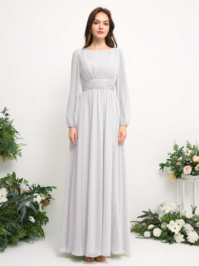 Carlyna Robe trapèze en mousseline avec encolure bateau manches longues pour demoiselle d'honneur Blanc #couleur_blanc