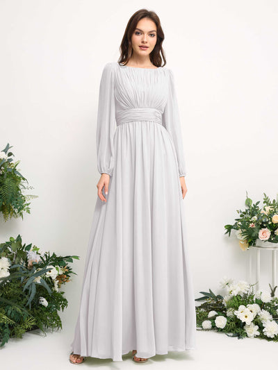 Carlyna Robe trapèze en mousseline avec encolure bateau manches longues pour demoiselle d'honneur Blanc #couleur_blanc