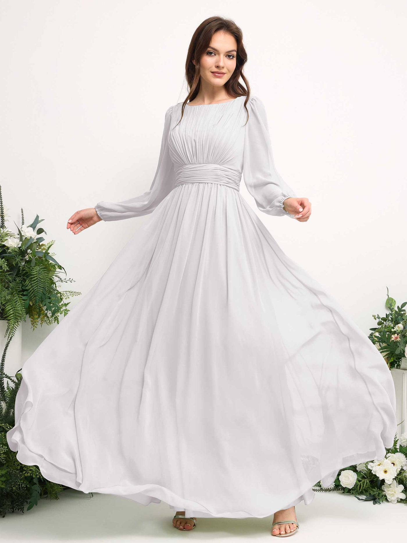 Carlyna Robe trapèze en mousseline avec encolure bateau manches longues pour demoiselle d'honneur Blanc #couleur_blanc