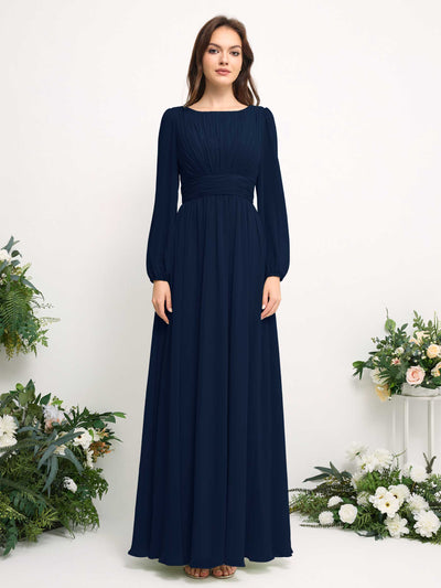 Carlyna Robe trapèze en mousseline avec encolure bateau manches longues pour demoiselle d'honneur Bleu Marine #couleur_bleu-marine