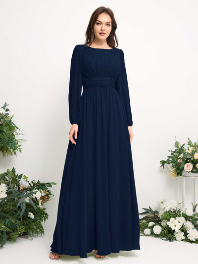 Carlyna Robe trapèze en mousseline avec encolure bateau manches longues pour demoiselle d'honneur Bleu Marine #couleur_bleu-marine