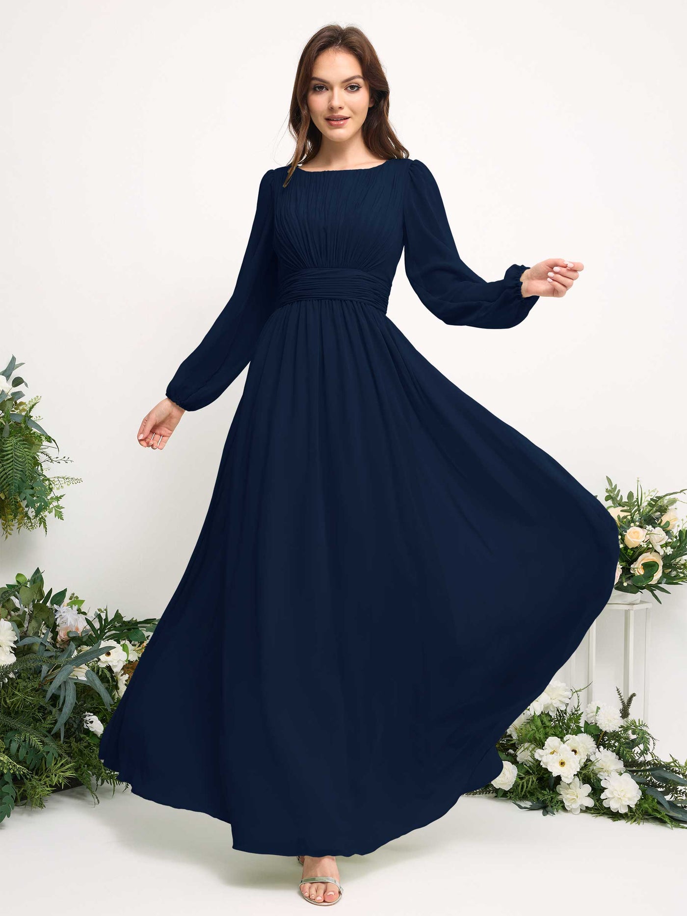 Carlyna Robe trapèze en mousseline avec encolure bateau manches longues pour demoiselle d'honneur Bleu Marine #couleur_bleu-marine